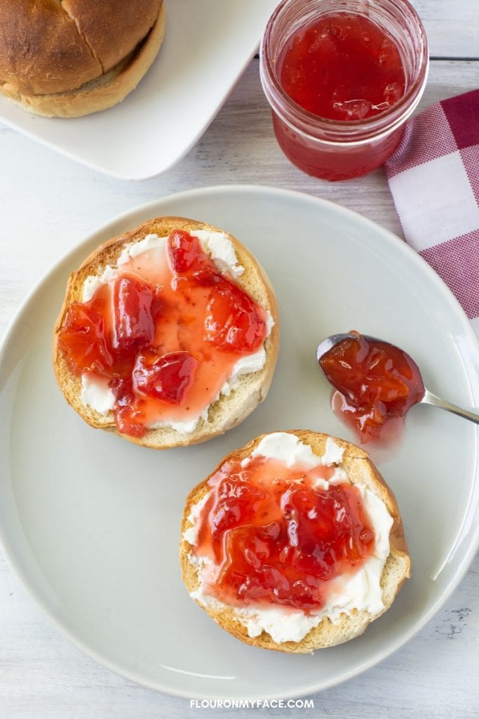 Carambola Jam spread over a toasted bagel with cream cheese