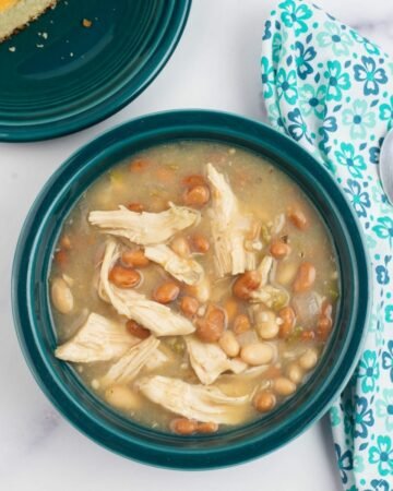 Teal colored bowl filled with white chicken chili.