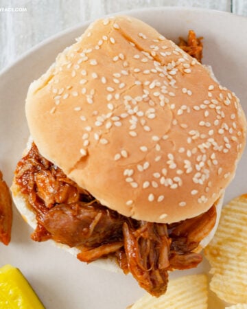 Pulled Pork Sandwich served with chips, coleslaw and a pickle wedge.
